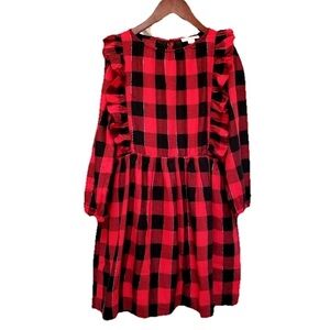 Crewcuts Ruffle-Trim Flannel Buffalo Check Plaid Dress Red Black 10